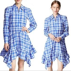 Ganni Charron Blue Plaid Seersucker Ruffle Handkerchief Hem Mini Dress 36 (S)‎
